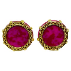 Vintage gold tone hot pink marbled glass massive designer cufflinks