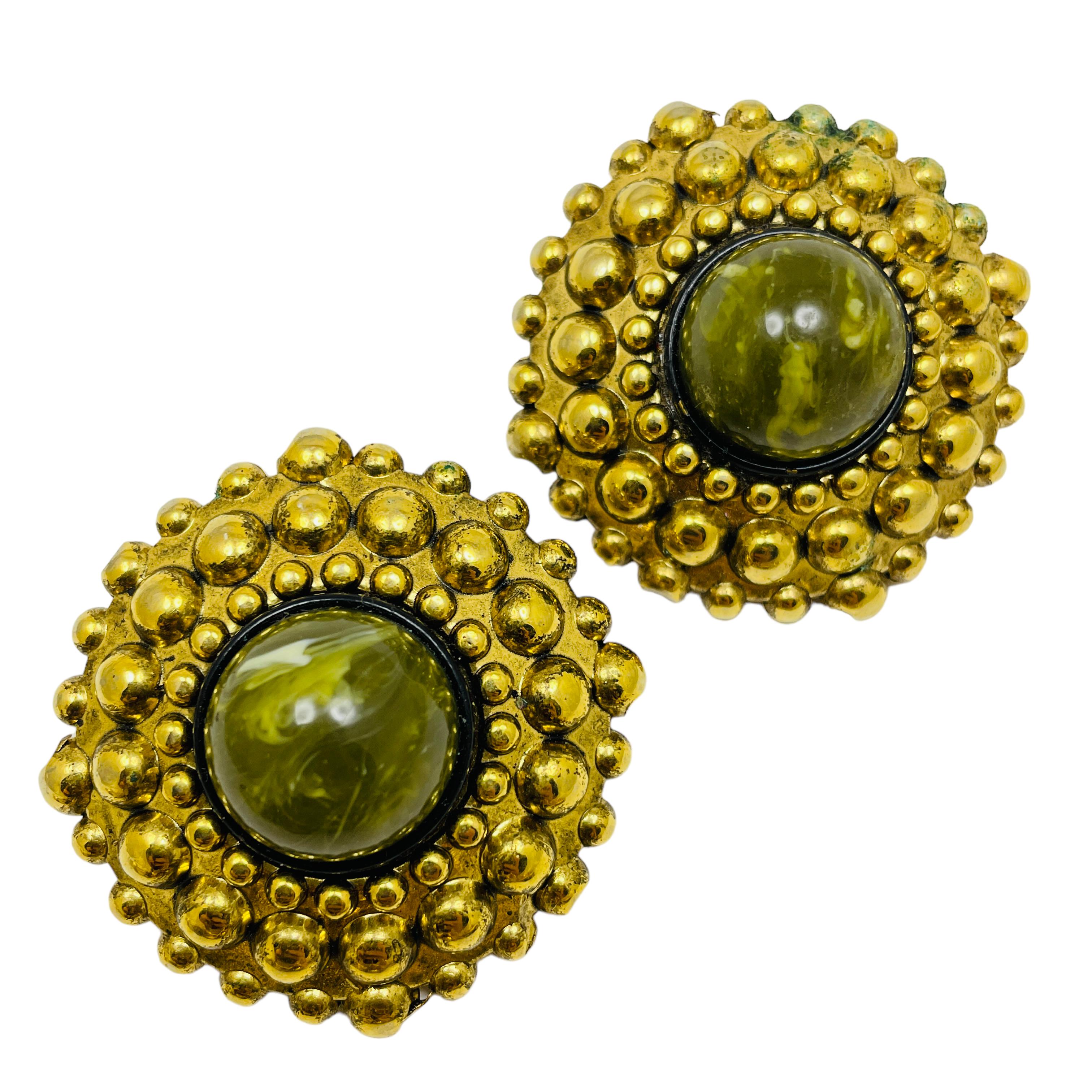 Vintage gold tone huge marbled resin ball designer clip on earrings