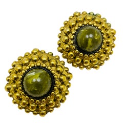 Vintage gold tone huge marbled resin ball designer clip on earrings