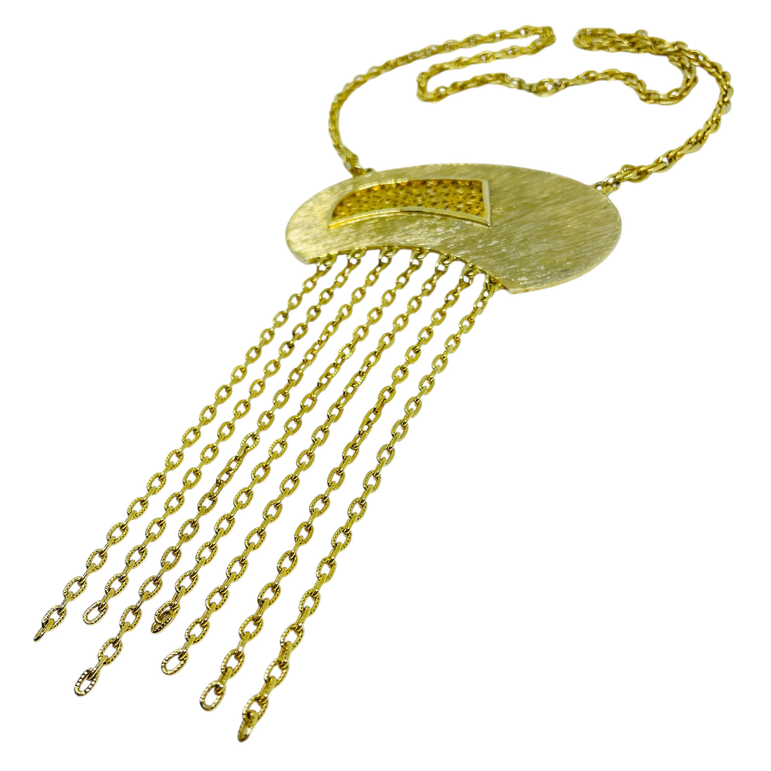 Vintage gold tone huge pendant dangle chain modernist necklace For Sale 1