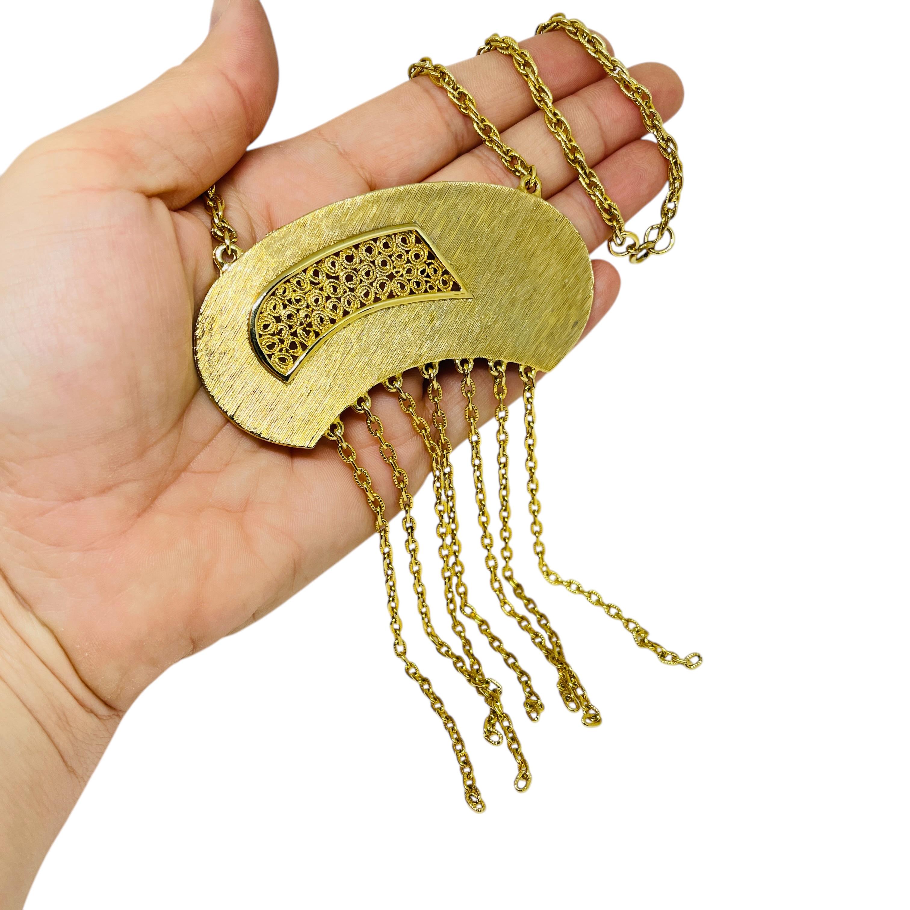 Vintage gold tone huge pendant dangle chain modernist necklace For Sale 3