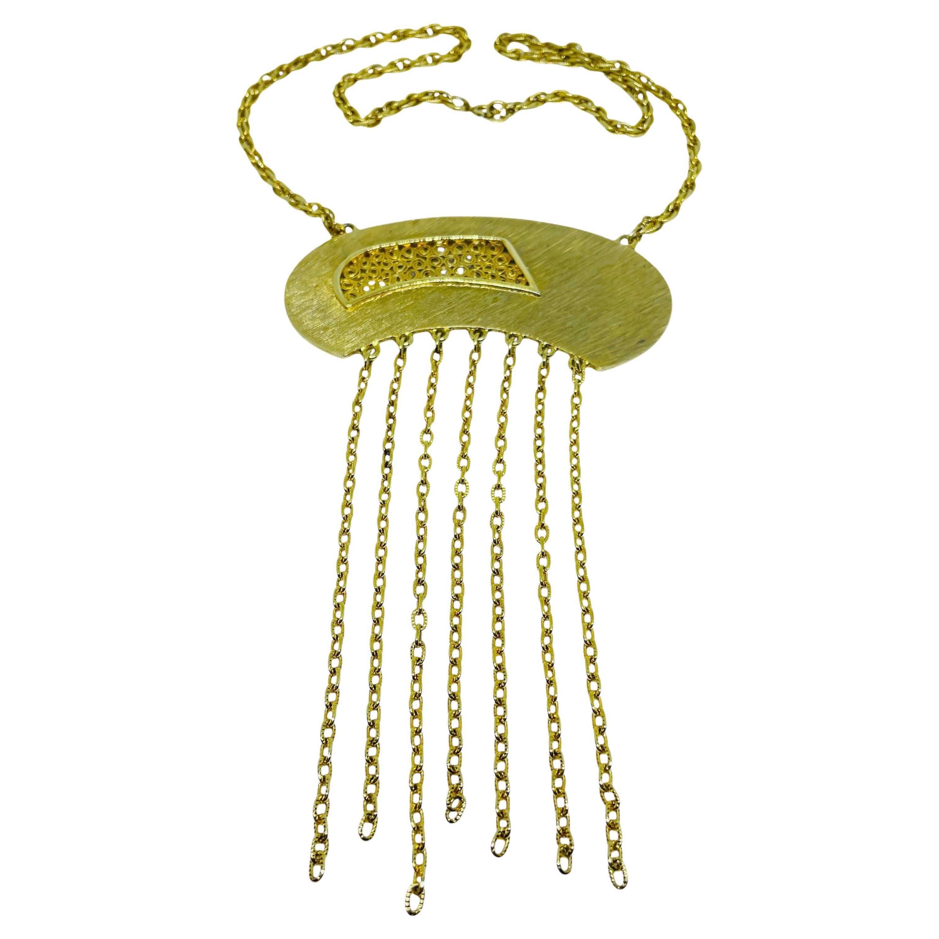 Vintage gold tone huge pendant dangle chain modernist necklace For Sale