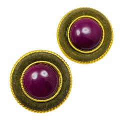 Vintage Gold Ton riesigen Wildleder Glas Designer Clip auf Ohrringe