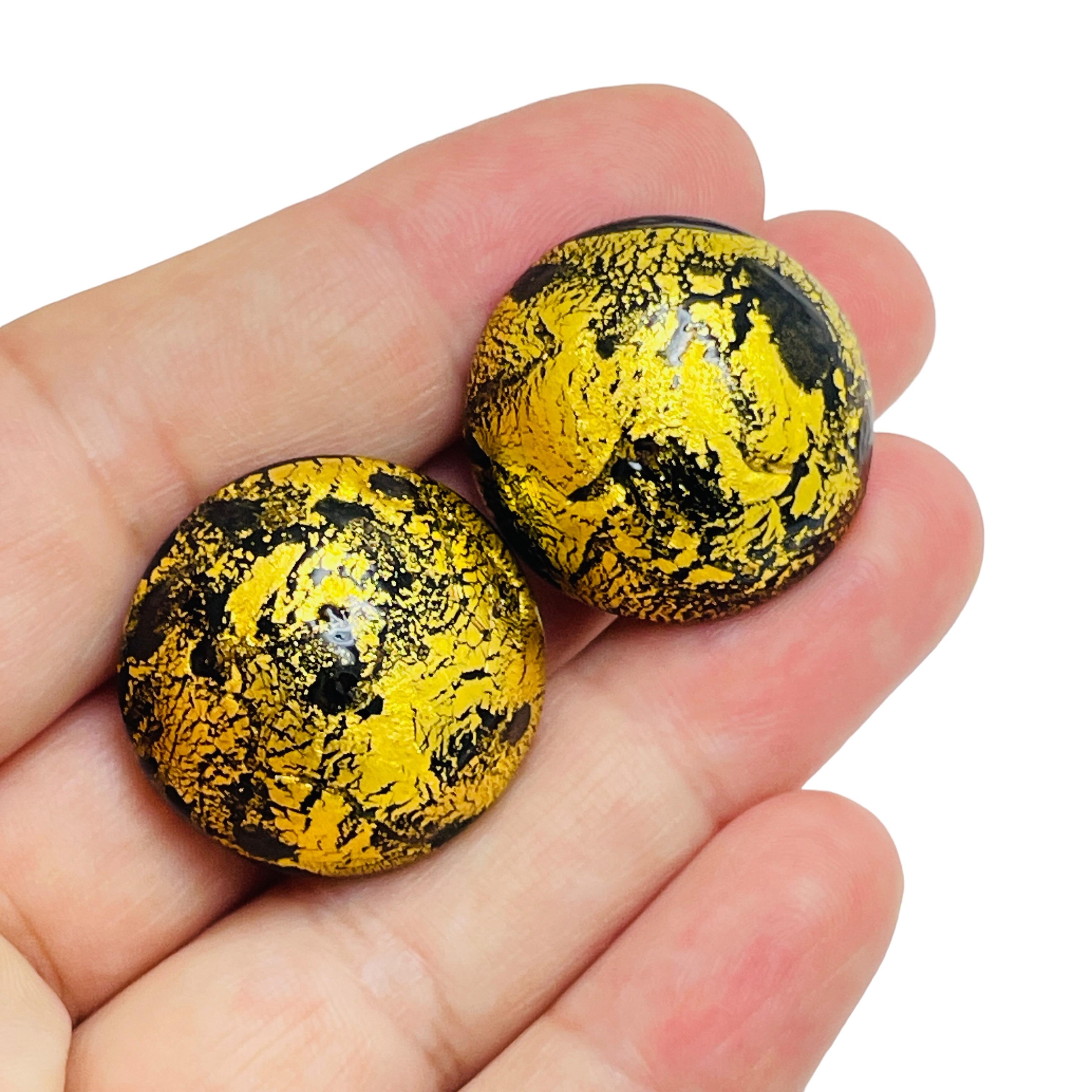 Women's Vintage gold tone ITALIAN black glass designer clip on earrings For Sale