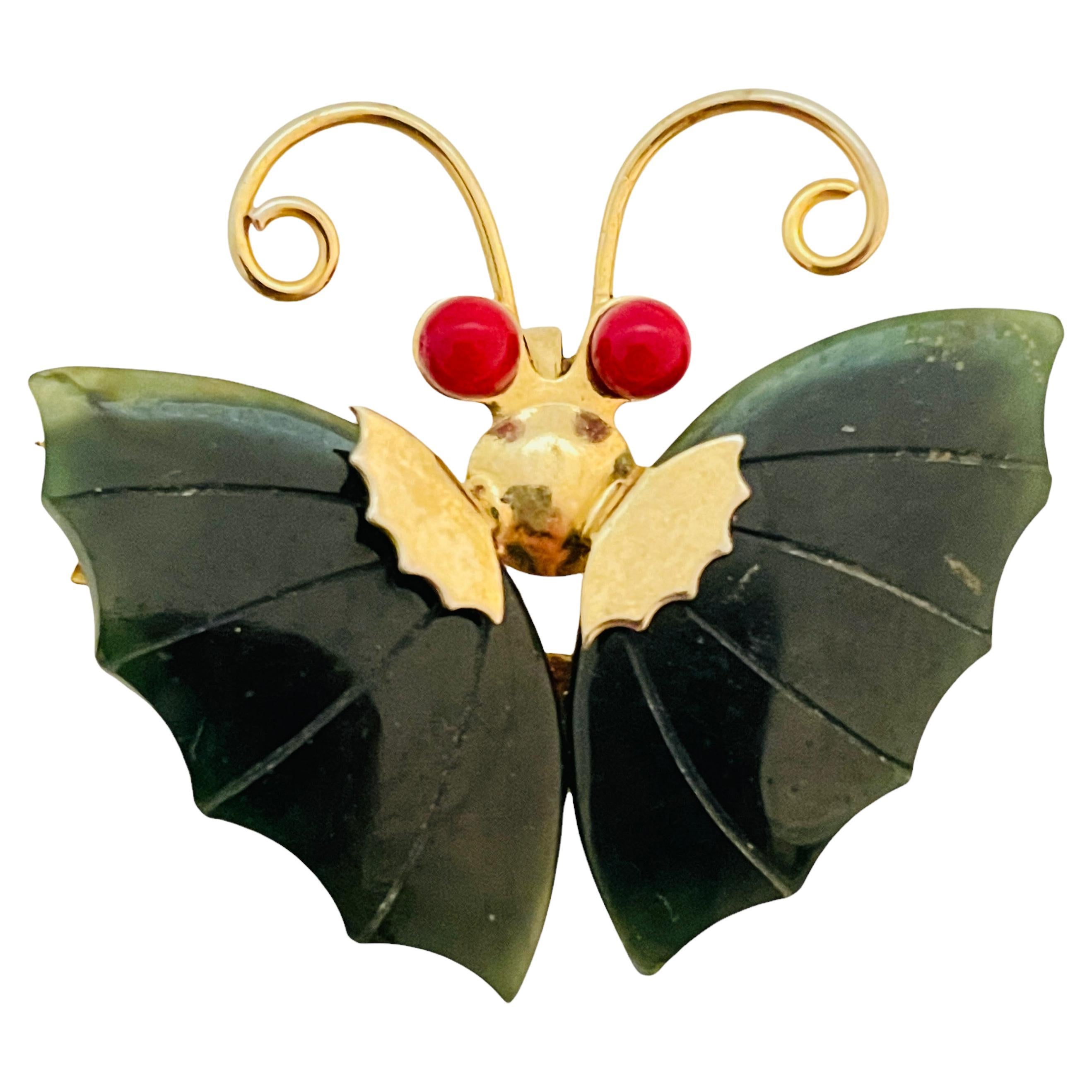 Vintage gold tone jade coral butterfly brooch