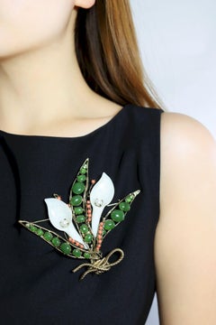 Vintage Gold Tone Jade Mother Of Pearl Lily Brooch