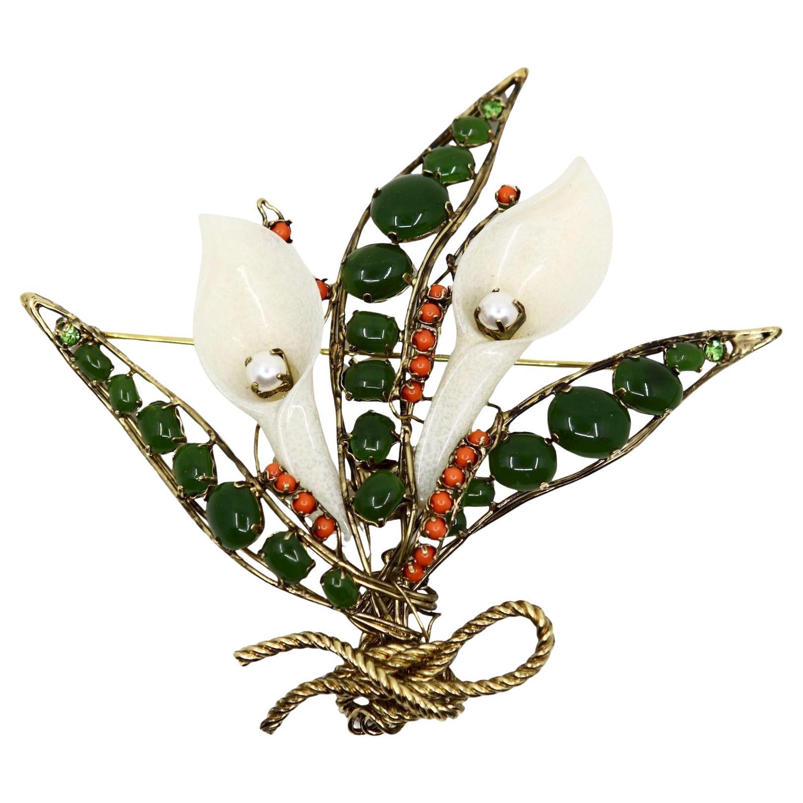 Vintage Gold Tone Jade Mother Of Pearl Lily Brooch