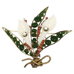 Vintage Gold Tone Jade Mother Of Pearl Lily Brooch