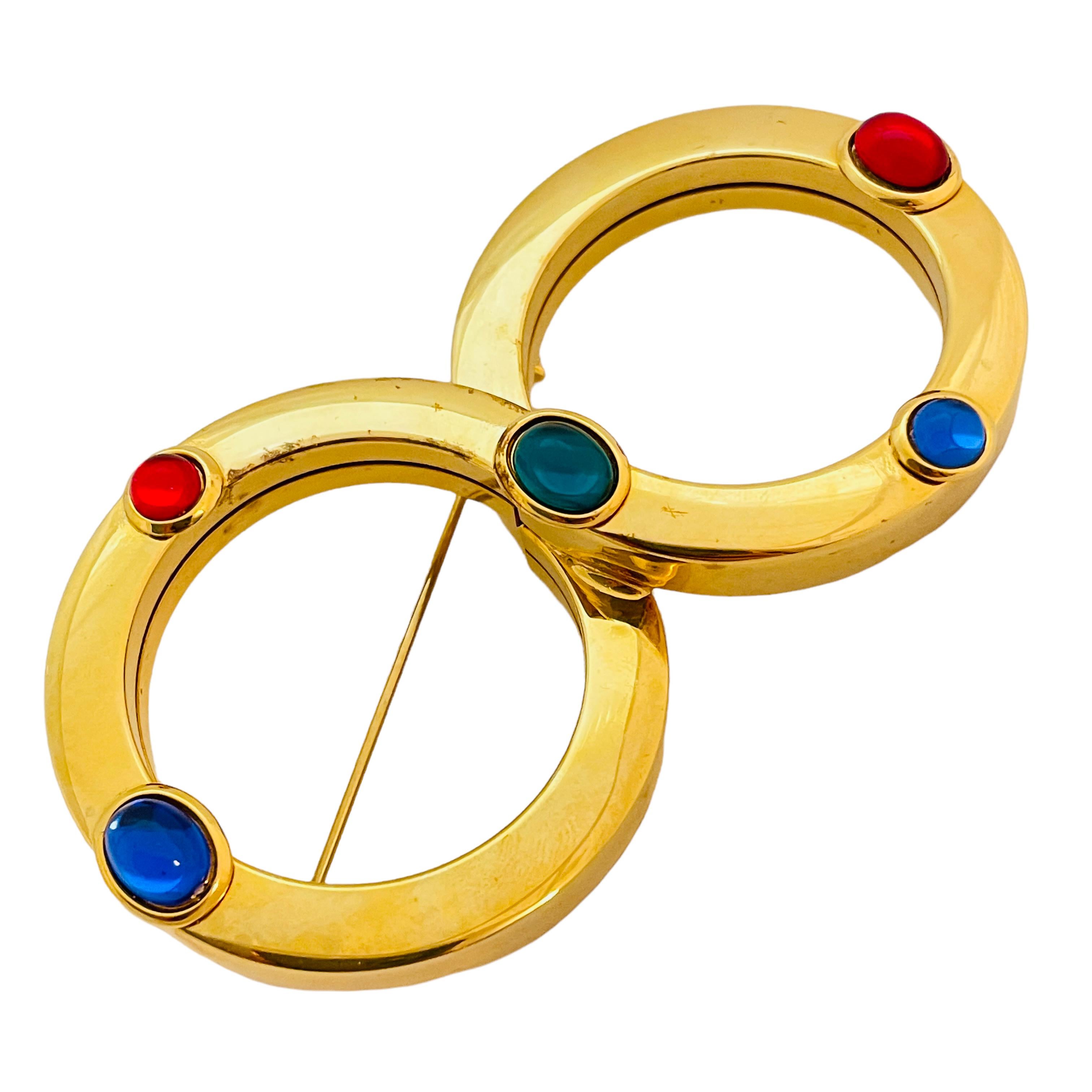 Vintage gold tone jewel cabochons designer brooch