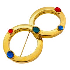 Vintage gold tone jewel cabochons designer brooch