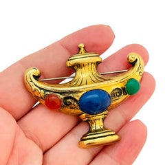 Vintage gold tone jewel cabochons Etruscan designer brooch