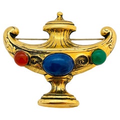 Vintage gold tone jewel cabochons Etruscan designer brooch Vintage gold tone jewel cabochons Etruscan designer brooch