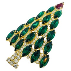 Vintage gold tone jewel emerald ruby glass Christmas tree designer brooch