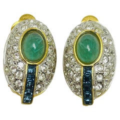 Vintage gold tone jewel glass cabochons rhinestones designer clip on earrings