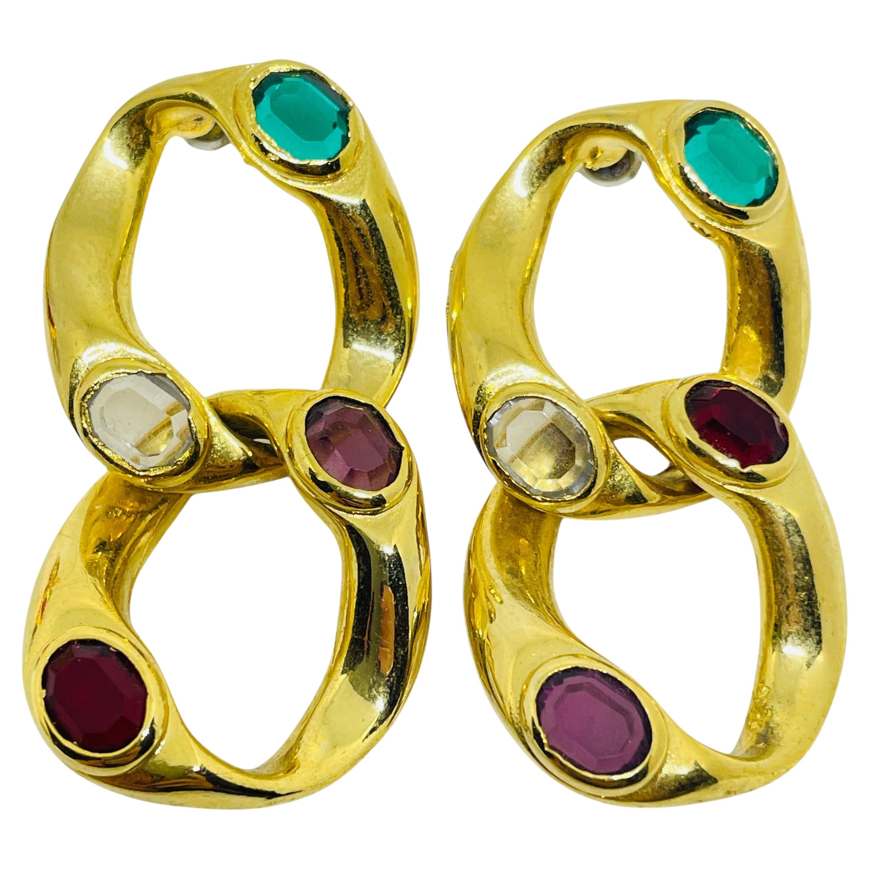 Vintage Gold Ton Juwel Glas baumeln Kette Designer Post Ohrringe