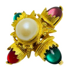 Vintage gold tone jewel pearl maltese cross designer brooch