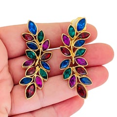 Vintage gold tone jewel rhinestone designer clip on earrings
