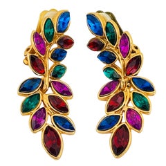 Vintage gold tone jewel rhinestone designer clip on earrings