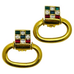 Vintage gold tone jewel rhinestone door knocker designer clip on earrings