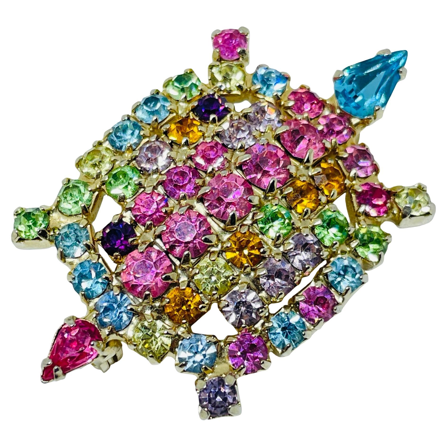 Vintage gold tone jewel rhinestones turtle figural designer brooch