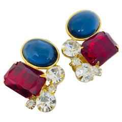 Vintage gold tone jewel sapphire ruby glass designer clip on earrings