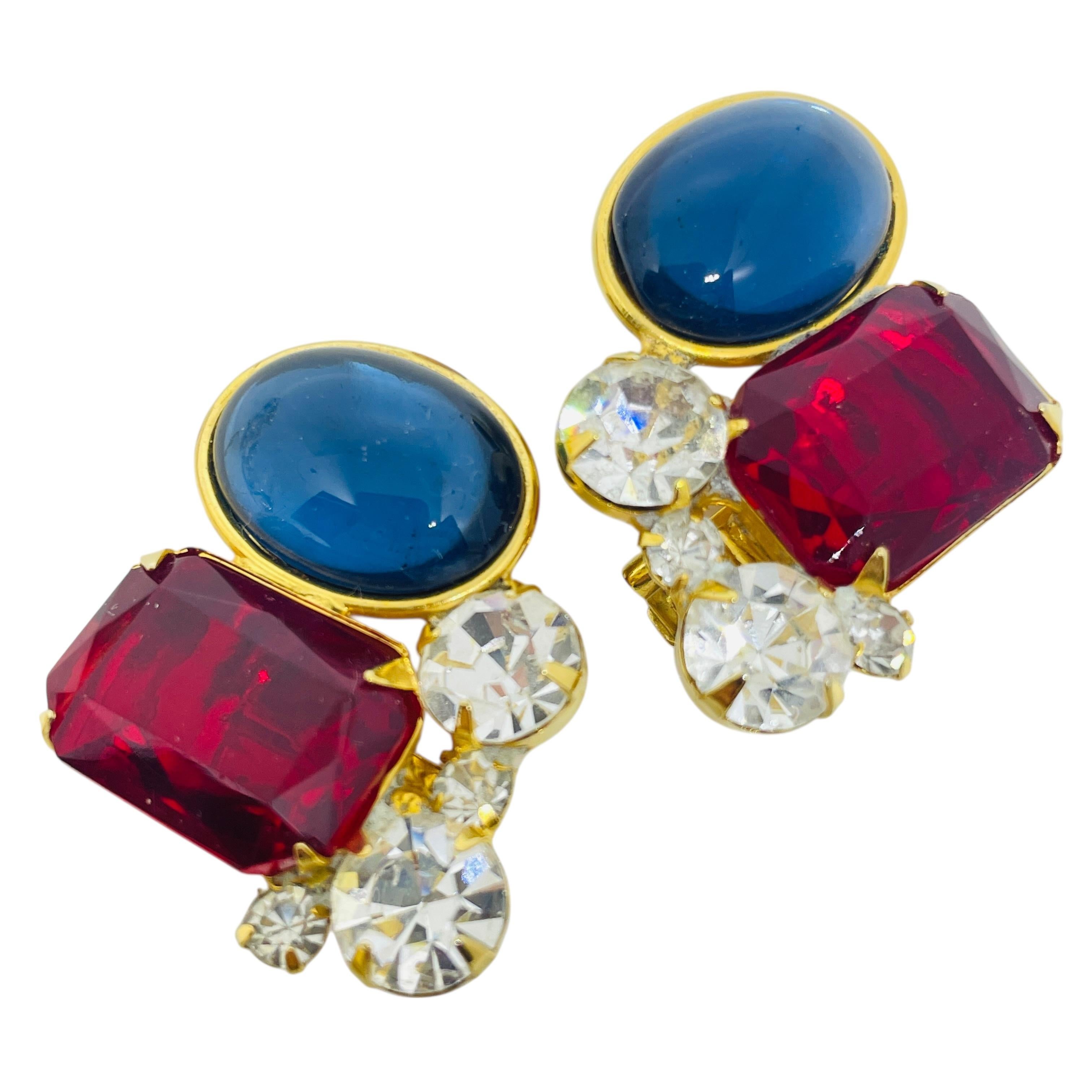 Vintage Gold Ton Juwel Saphir Rubin Glas Designer Clip auf Ohrringe im Angebot 2