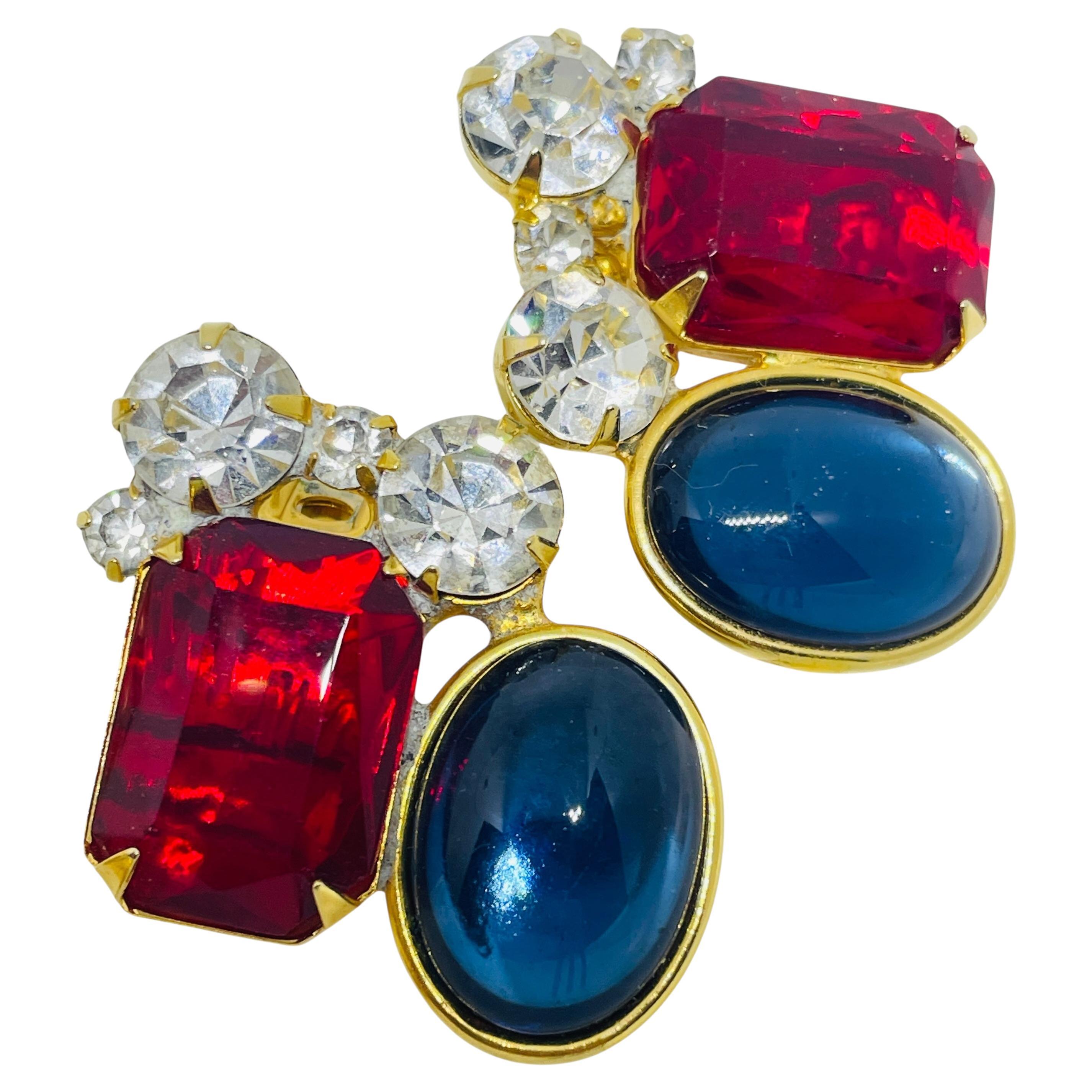 Orecchini a clip vintage in vetro con zaffiro e rubino in tonalità oro