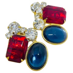 Orecchini a clip vintage in vetro con zaffiro e rubino in tonalità oro