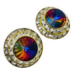 Vintage gold tone jewel watermelon rivoli glass designer clip on earrings