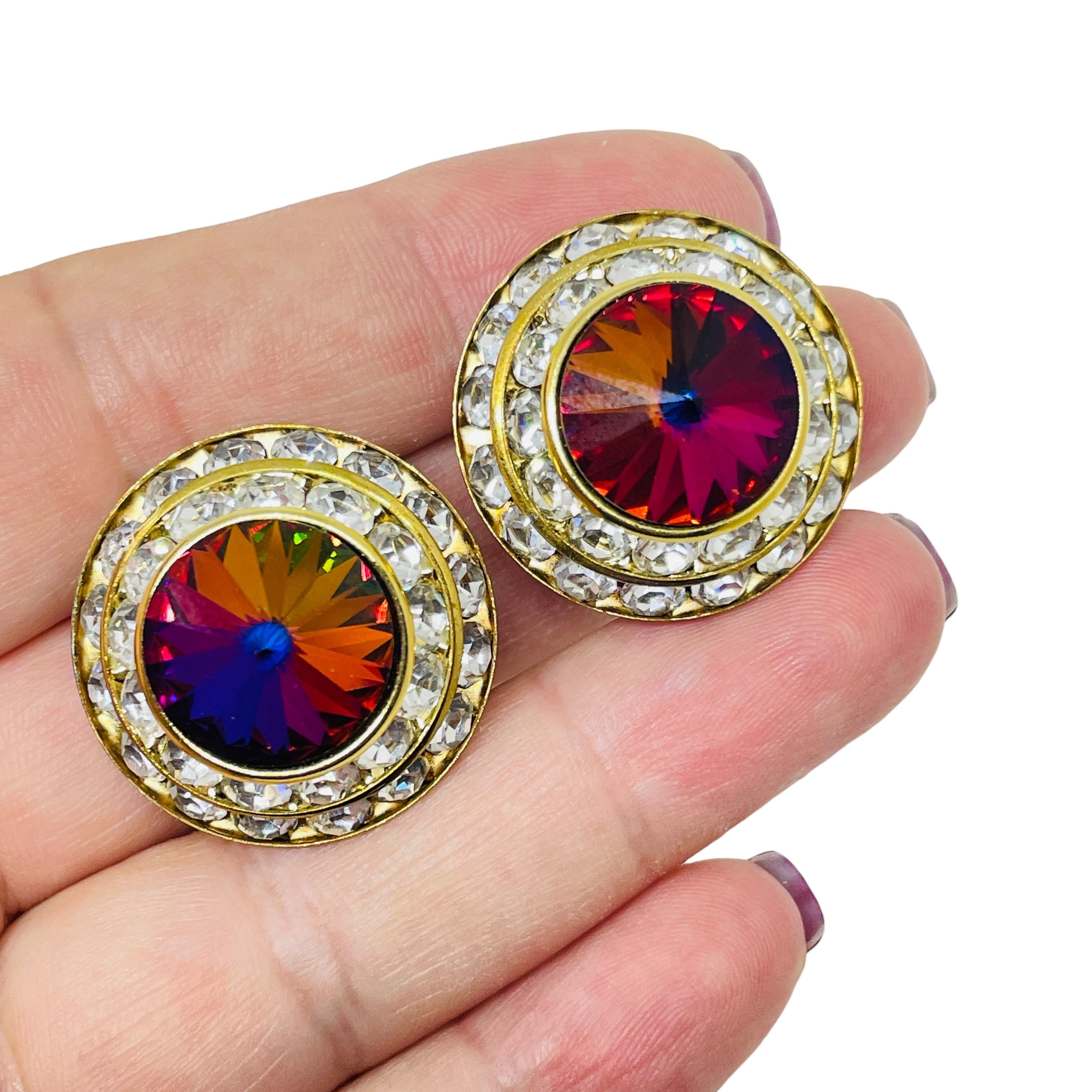 Vintage Gold Ton Juwel Wassermelone Rivoli Glas Designer Clip auf Ohrringe im Zustand „Gut“ im Angebot in Palos Hills, IL