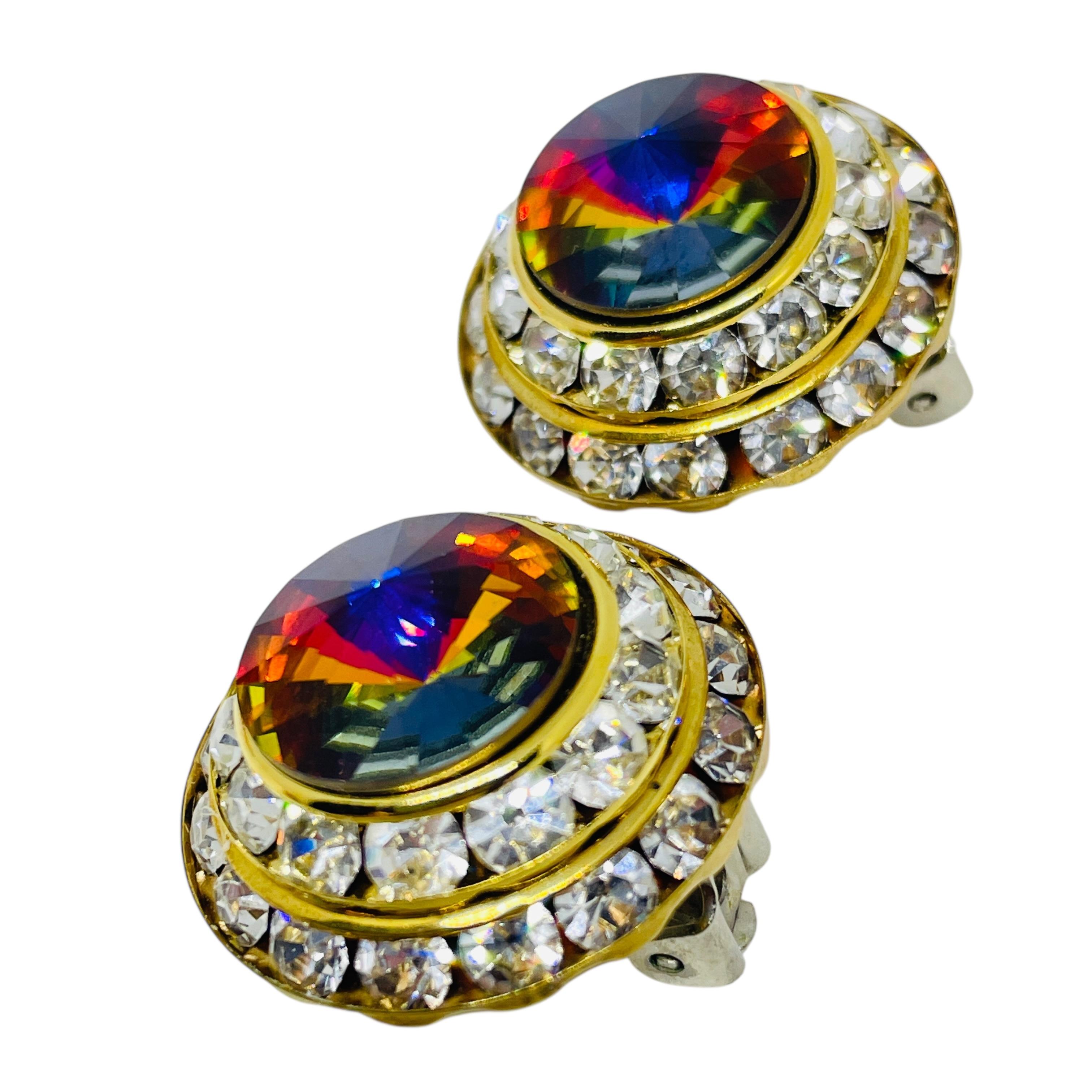 Vintage Gold Ton Juwel Wassermelone Rivoli Glas Designer Clip auf Ohrringe im Angebot 1