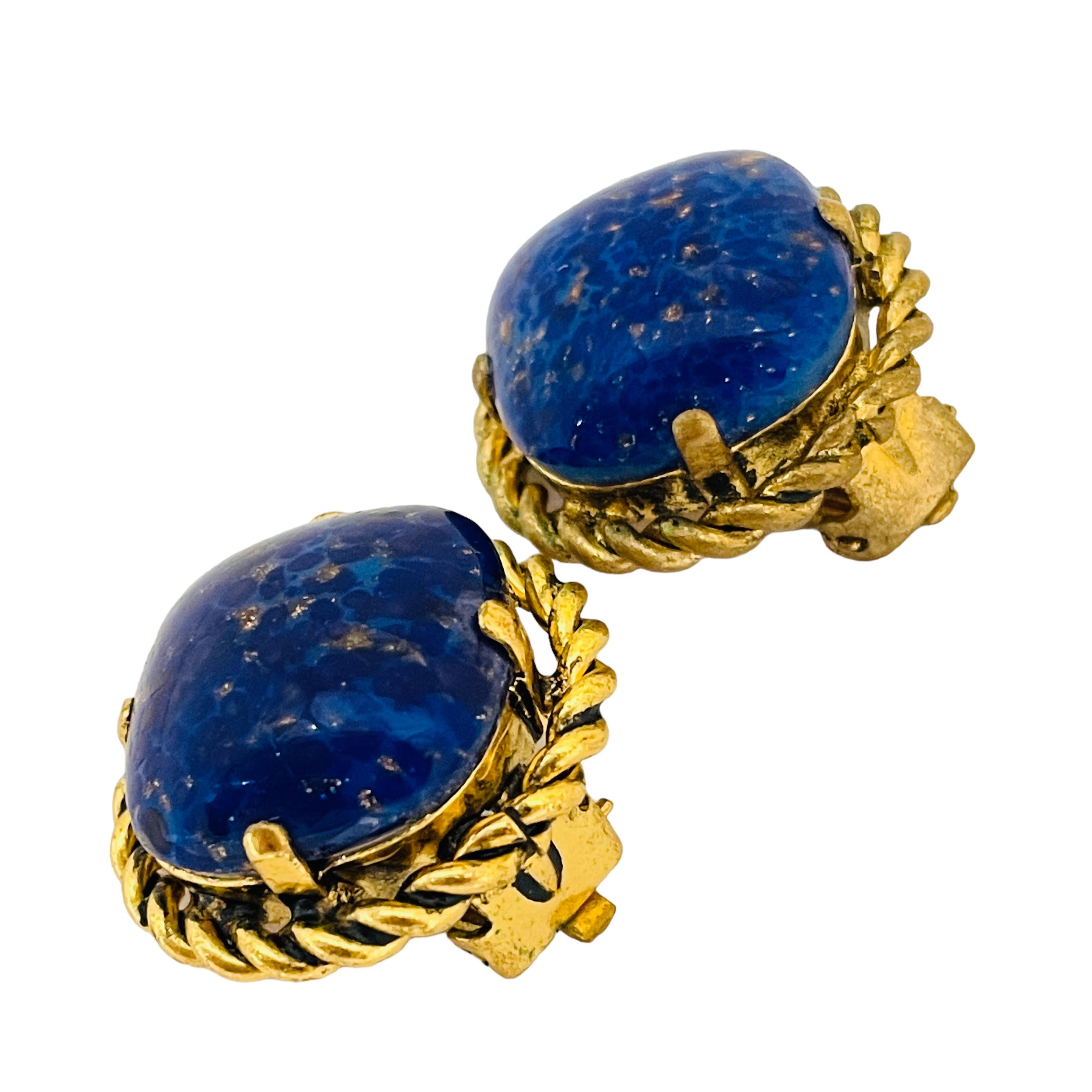 Vintage Gold Ton Lapis Glas Designer Clip auf Ohrringe für Damen oder Herren im Angebot