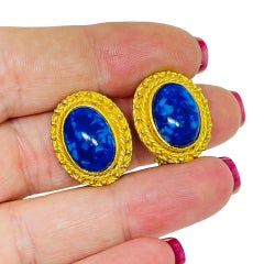 Vintage gold tone lapis glass etruscan designer clip on earrings