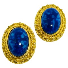 Vintage gold tone lapis glass etruscan designer clip on earrings