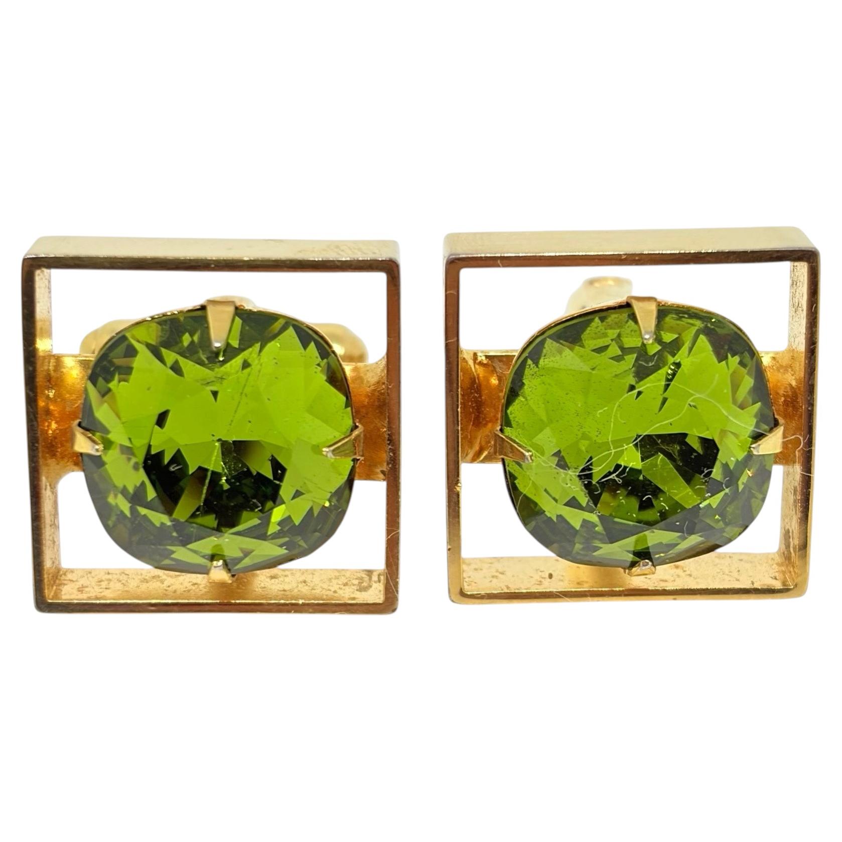 Vintage gold tone large green glass stones designer cufflinks For Sale