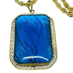 Vintage Gold Ton große Harz blau Anhänger Halskette