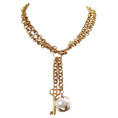 Vintage Gold Tone Lariat Drop Key and Faux Pearl Necklace Circa 1980's