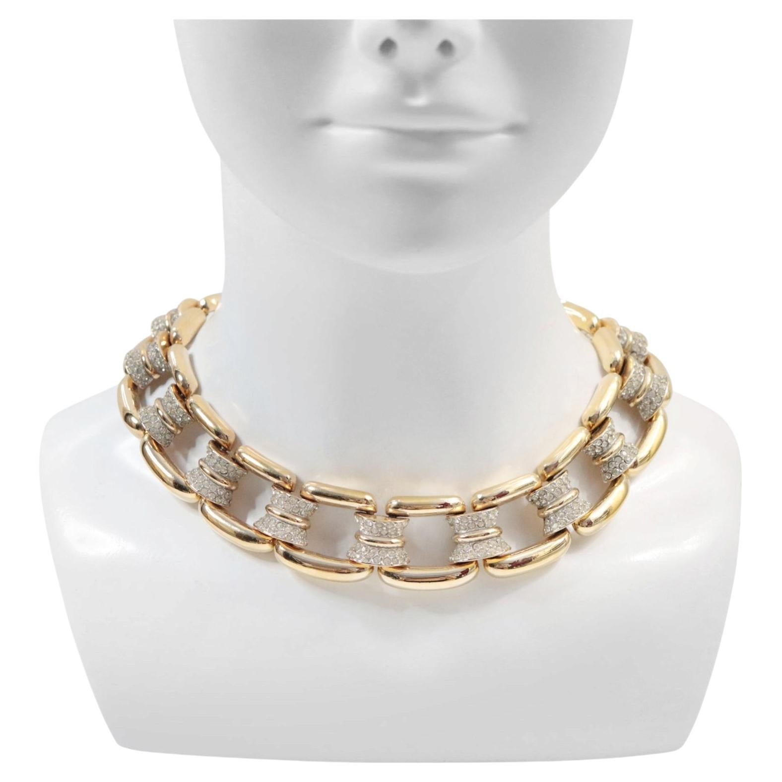Vintage Gold-Tone Link Necklace with Diamante Stones, Circa 1990s For Sale