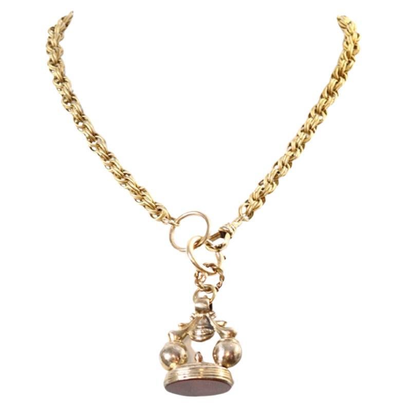 Vintage Gold Tone Link Necklace with Edwardian Fob Circa 1910s