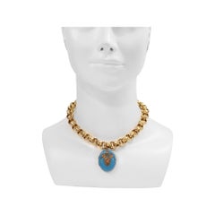 Vintage Gold Tone Link Necklace with Enamel Locket Circa 1910s