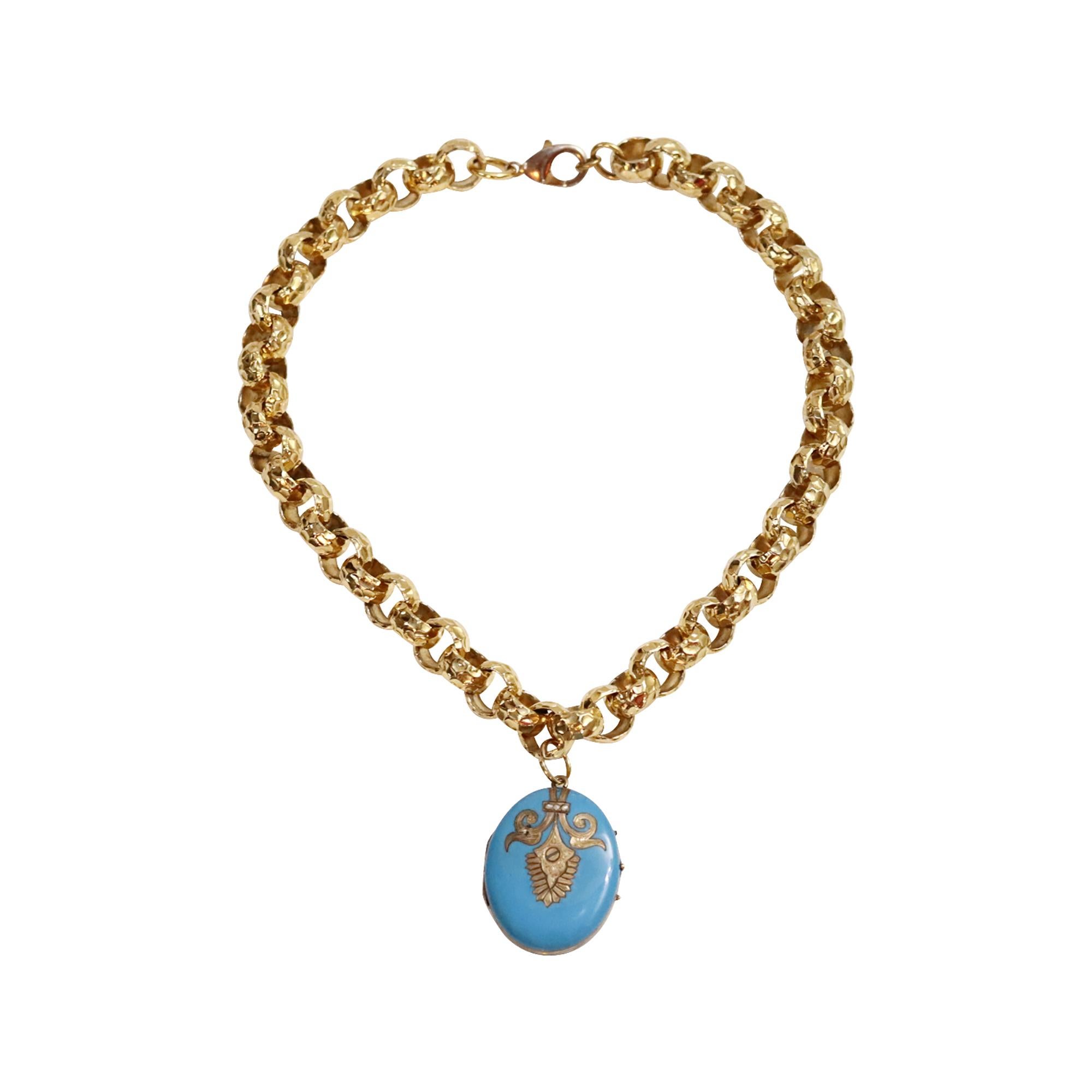 Modern Vintage Gold Tone Link Necklace with Enamel Locket Circa 1910s For Sale