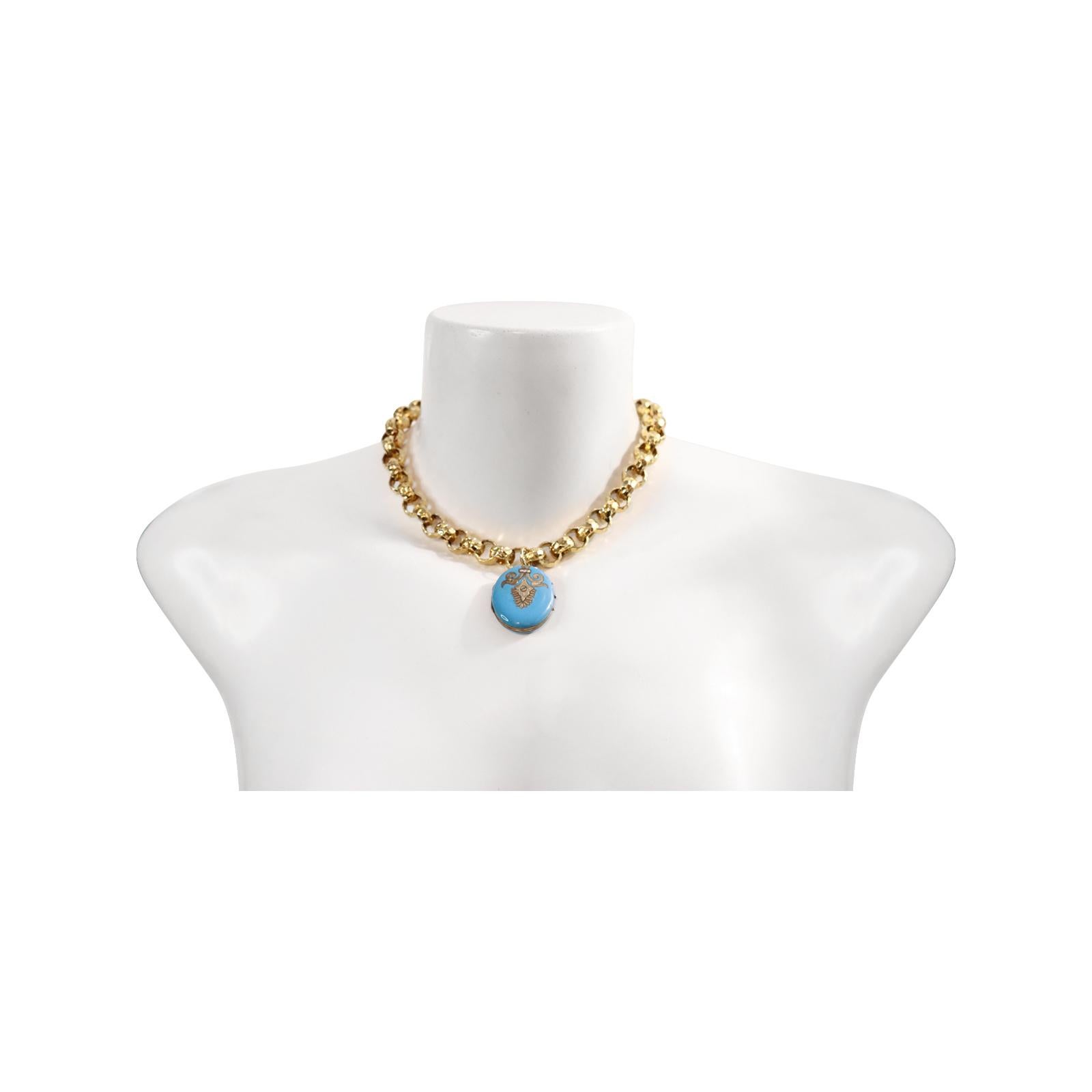 da uomo o donna Collana vintage A Link in tonalità oro con medaglione smaltato circa 1910 in vendita