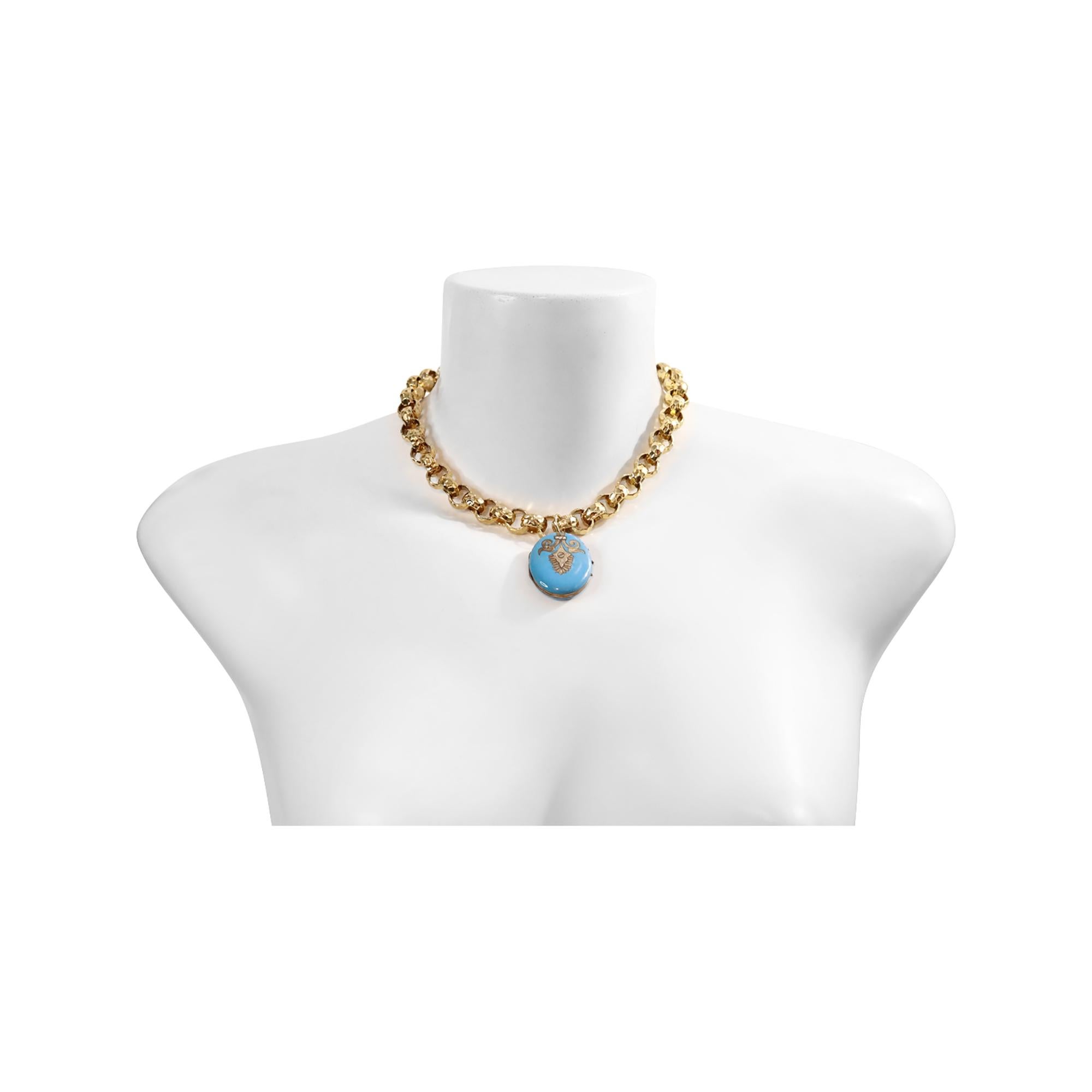 Women's or Men's Vintage Gold Tone Link Necklace with Enamel Locket Circa 1910s For Sale