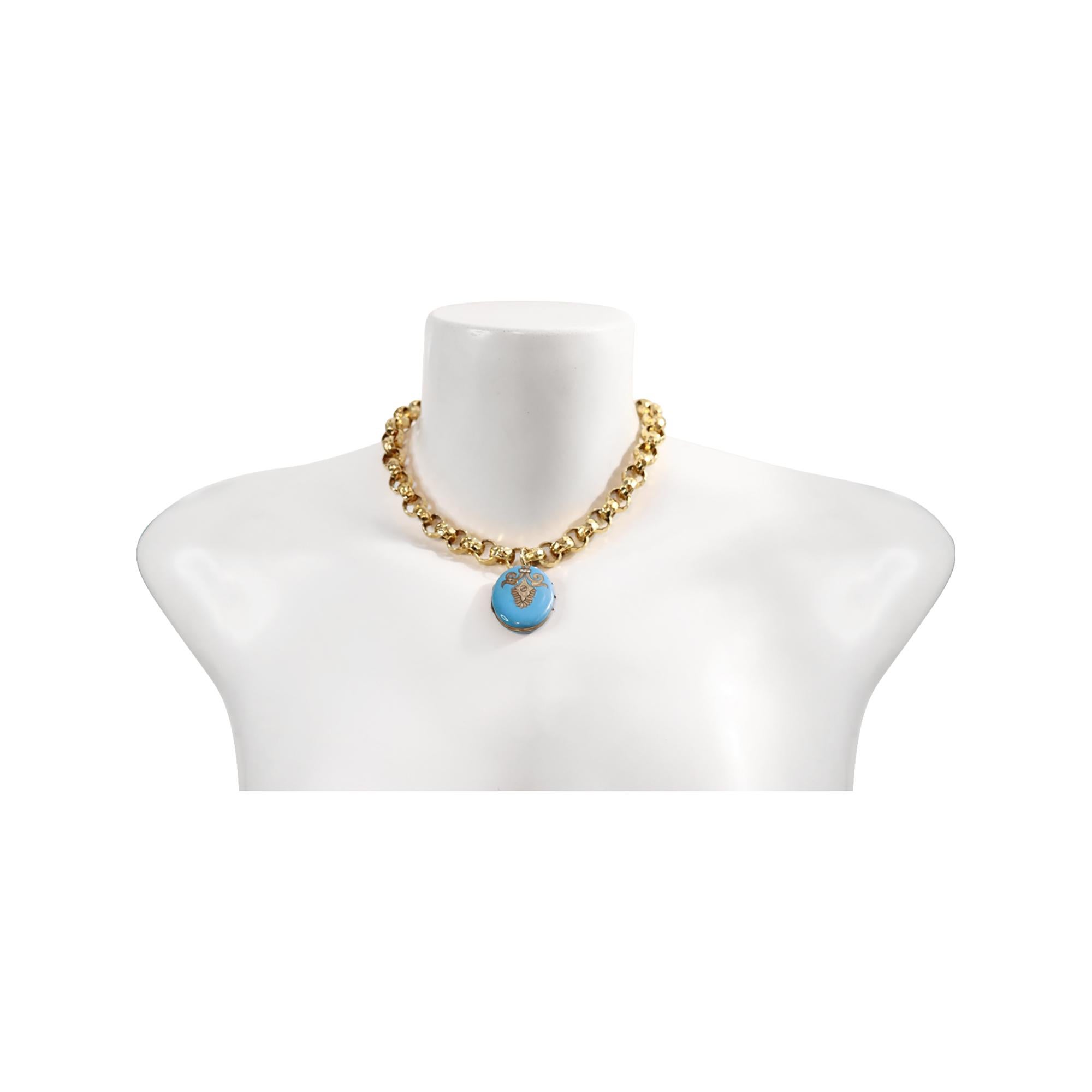Vintage Gold Tone Link Necklace with Enamel Locket Circa 1910s For Sale 1