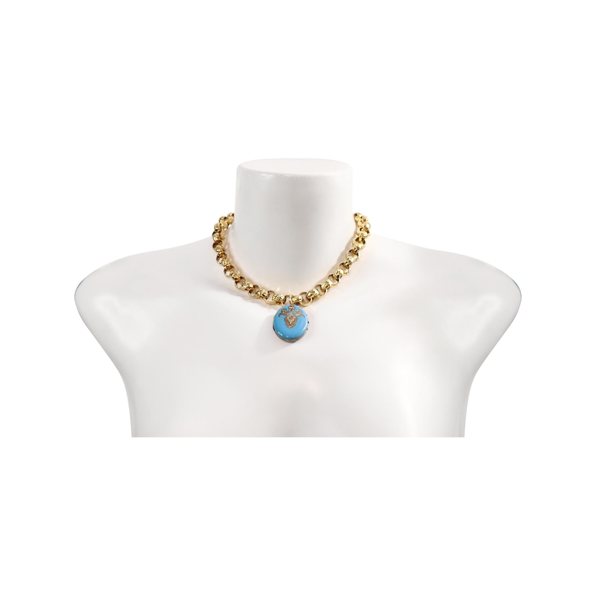 Vintage Gold Tone Link Necklace with Enamel Locket Circa 1910s For Sale 2