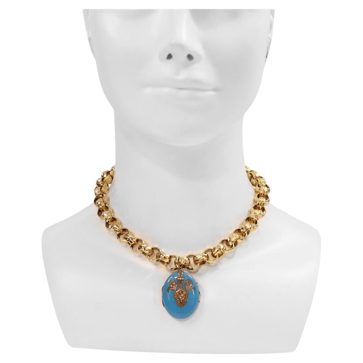 Collana vintage A Link in tonalità oro con medaglione smaltato circa 1910