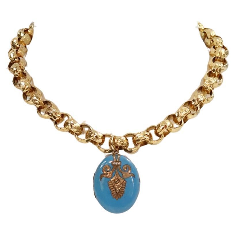 Vintage Gold Tone Link Necklace with Enamel Locket Circa 1910s (Collier à maillons en or avec médaillon en émail)