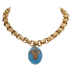 Vintage Gold Tone Link Necklace with Enamel Locket Circa 1910s (Collier à maillons en or avec médaillon en émail)