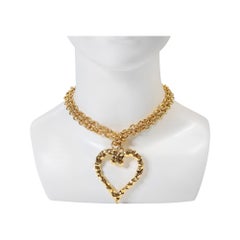 Vintage Gold Tone Link Necklace with Large Heart, Circa 1980s, 40"