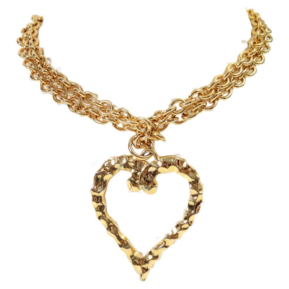 Vintage Gold Tone Link Necklace with Large Heart, Circa 1980s, 40"